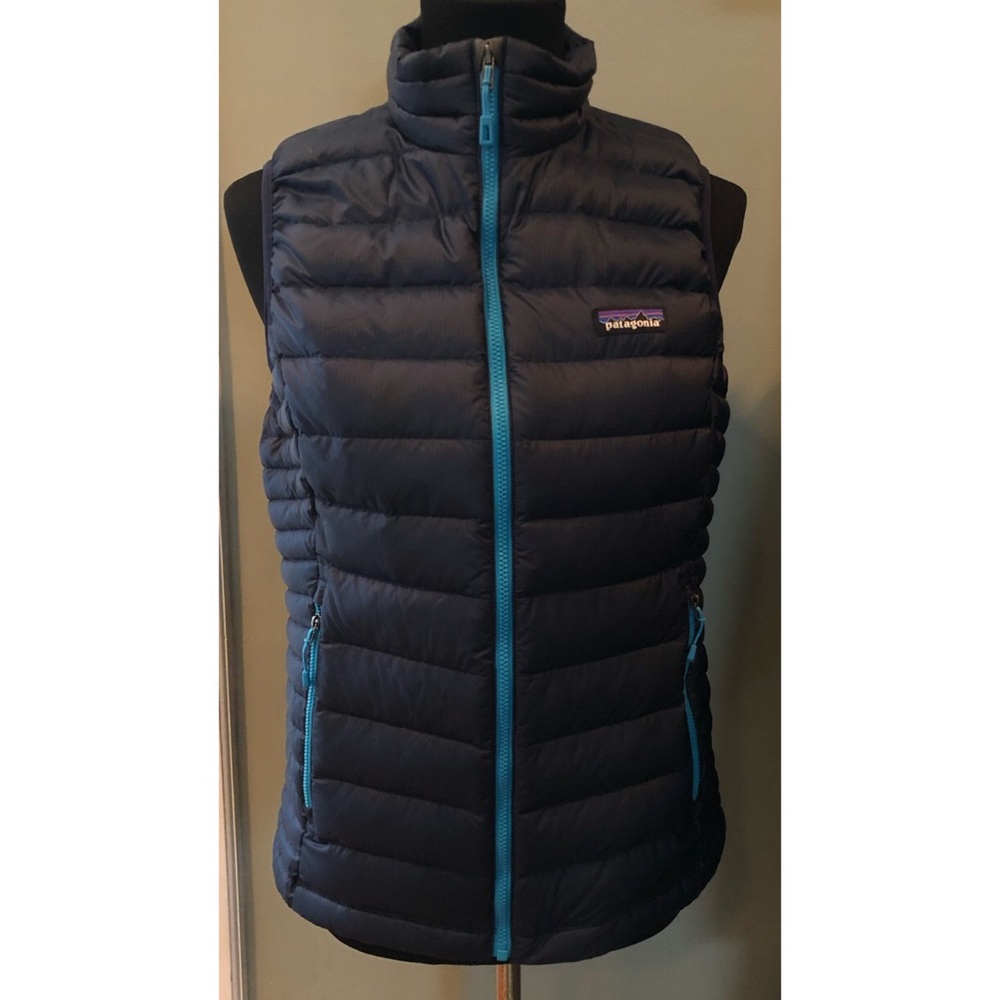 Patagonia Navy Blue Down Puffer Vest with Teal Zippers